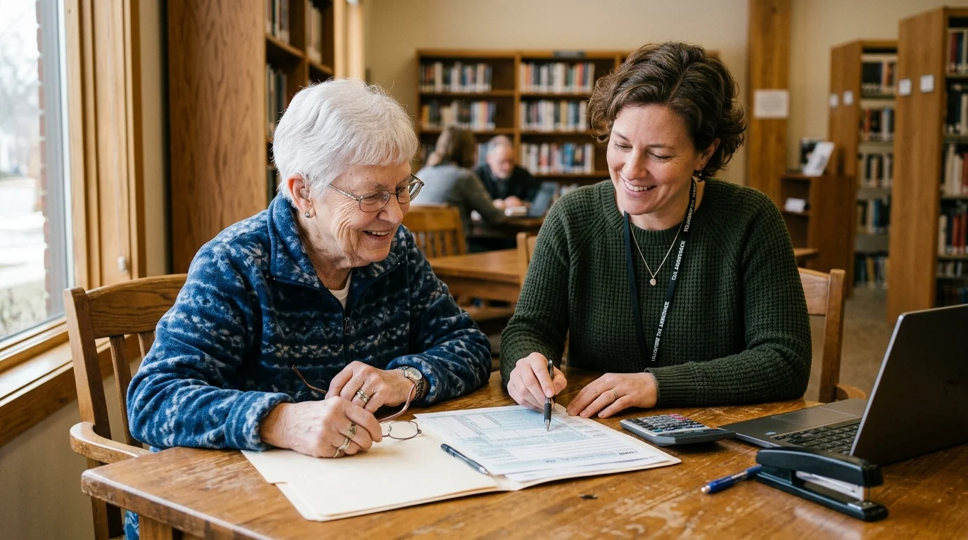 A senior citizen receiving tax assistance from a friendly volunteer at a bright public library table.