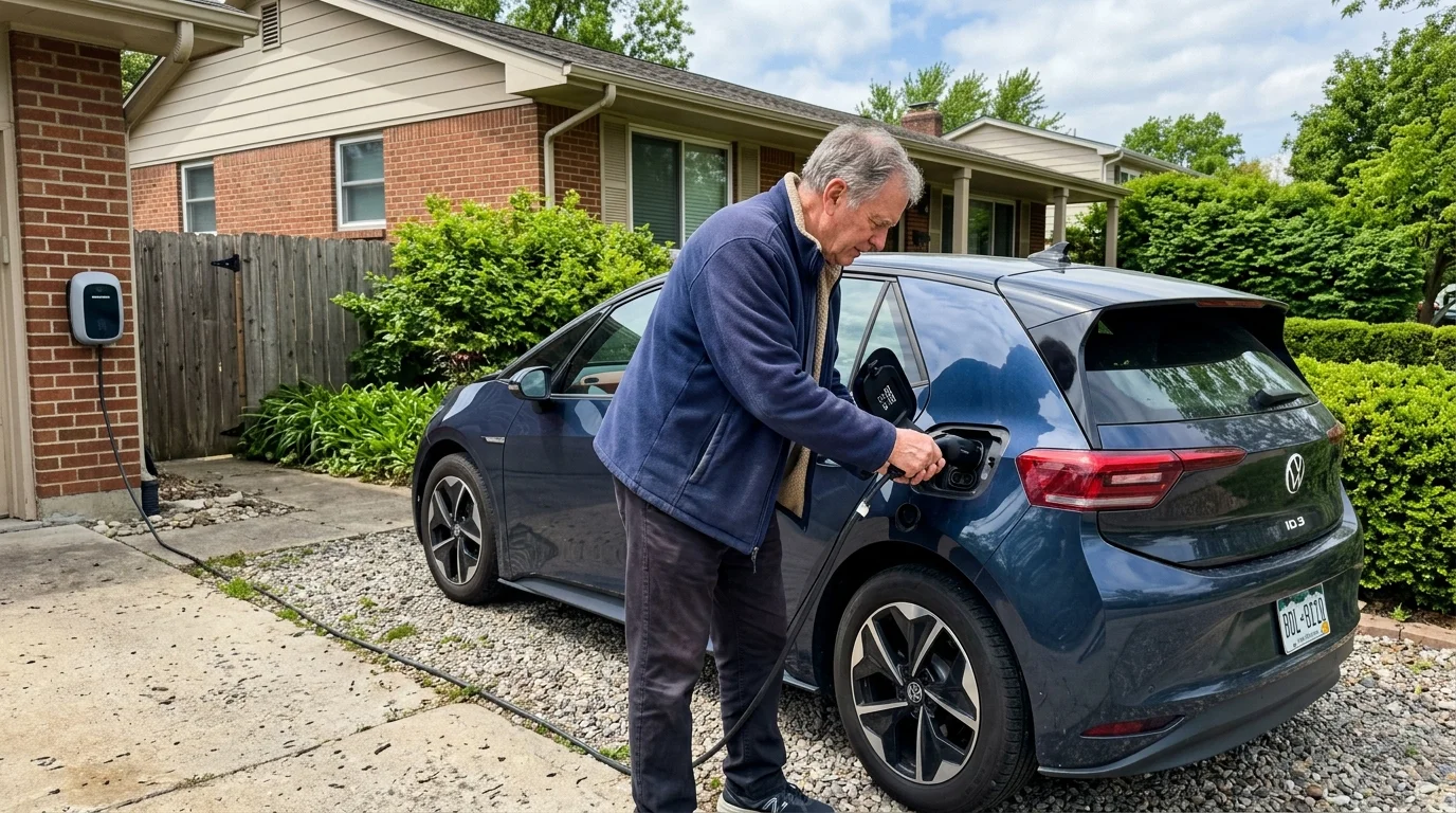 A senior man plugging a charging cable into a pre-owned electric vehicle parked in his home driveway.