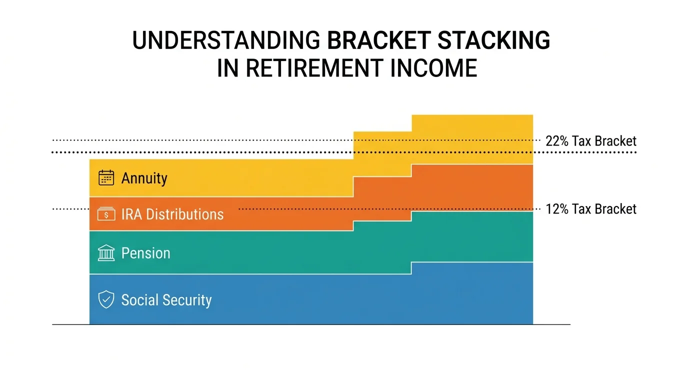 A stacked horizontal bar chart showing multiple income sources pushing a retiree into a higher tax bracket.
