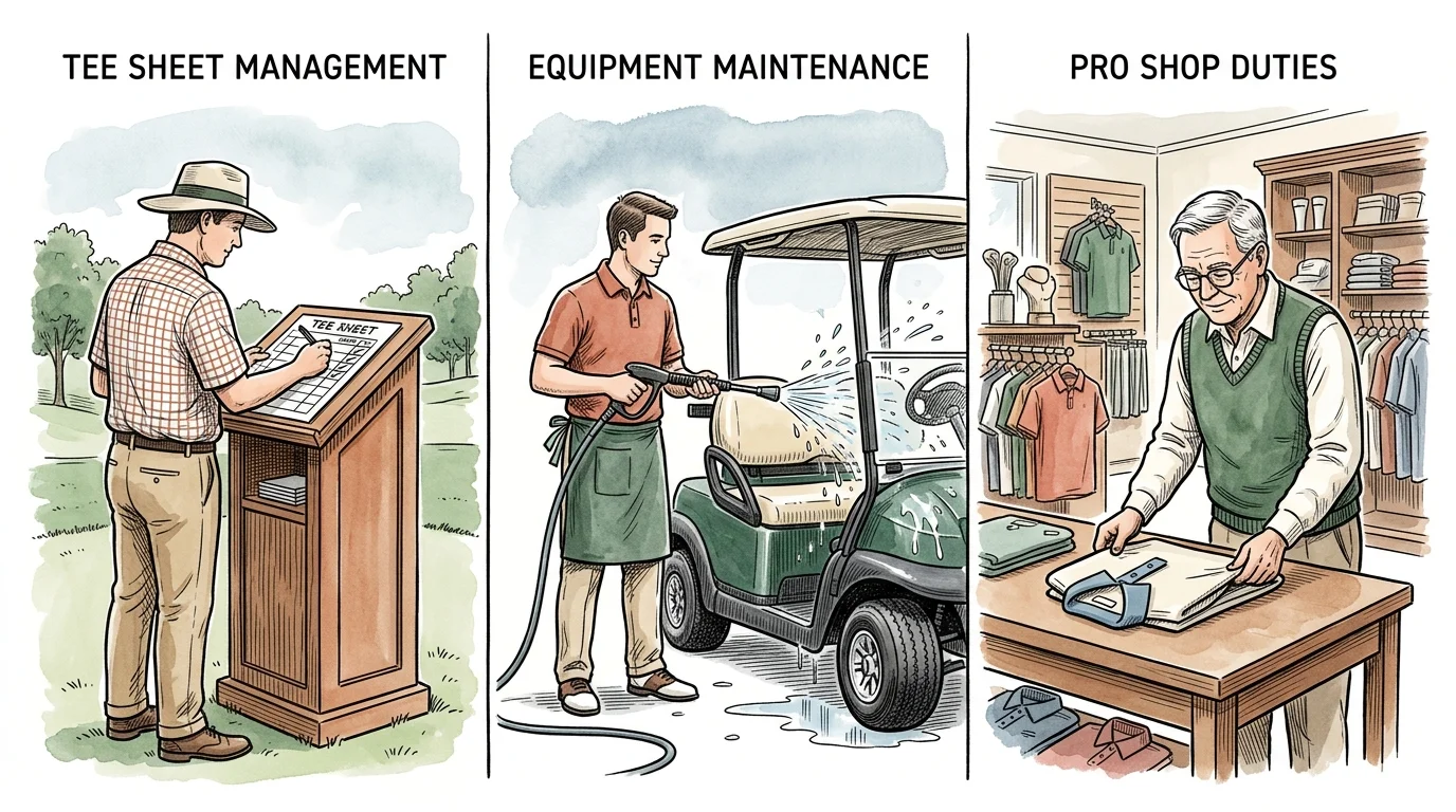A three-panel illustration showing a golf starter with a clipboard, a cart attendant washing a cart, and a pro shop worker.