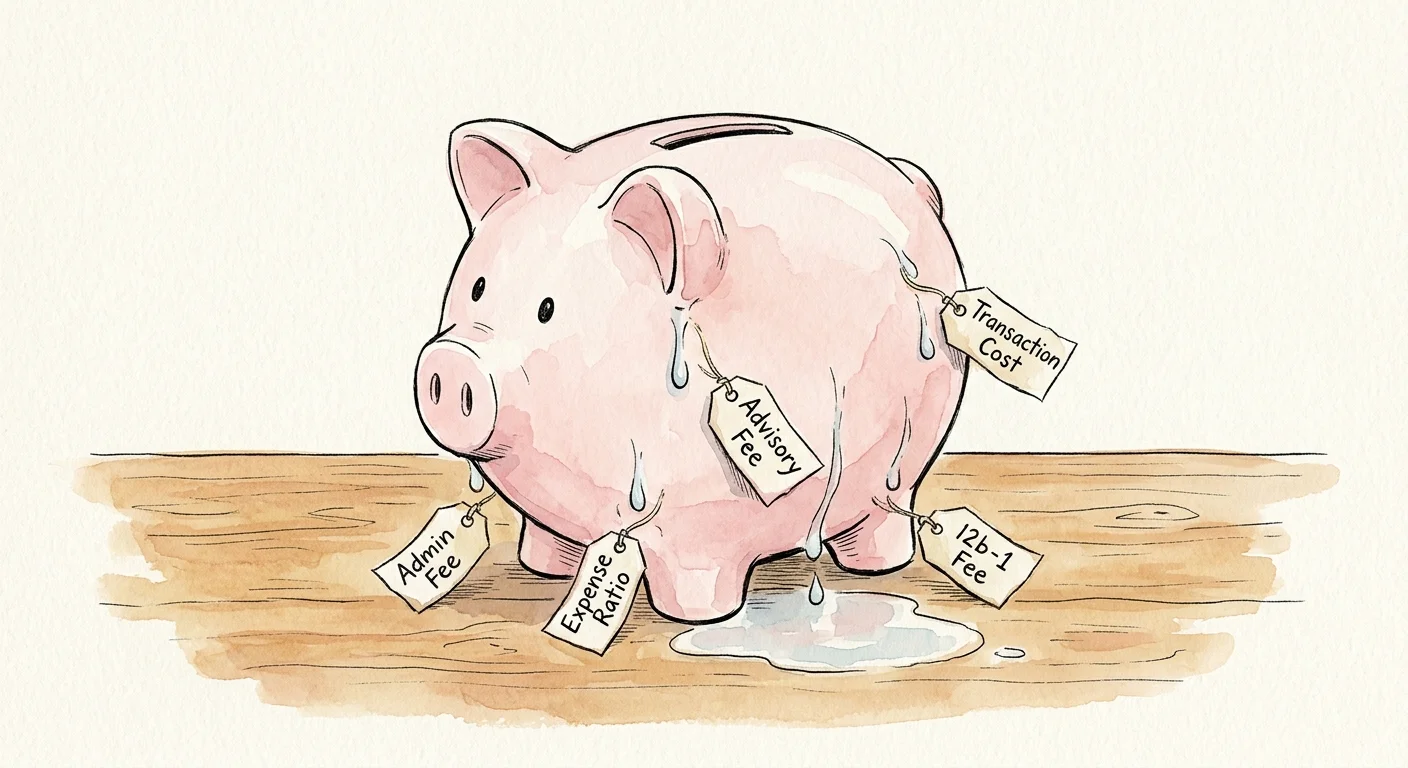 A watercolor illustration of a pink piggy bank with five small drips labeled with various retirement account fees.