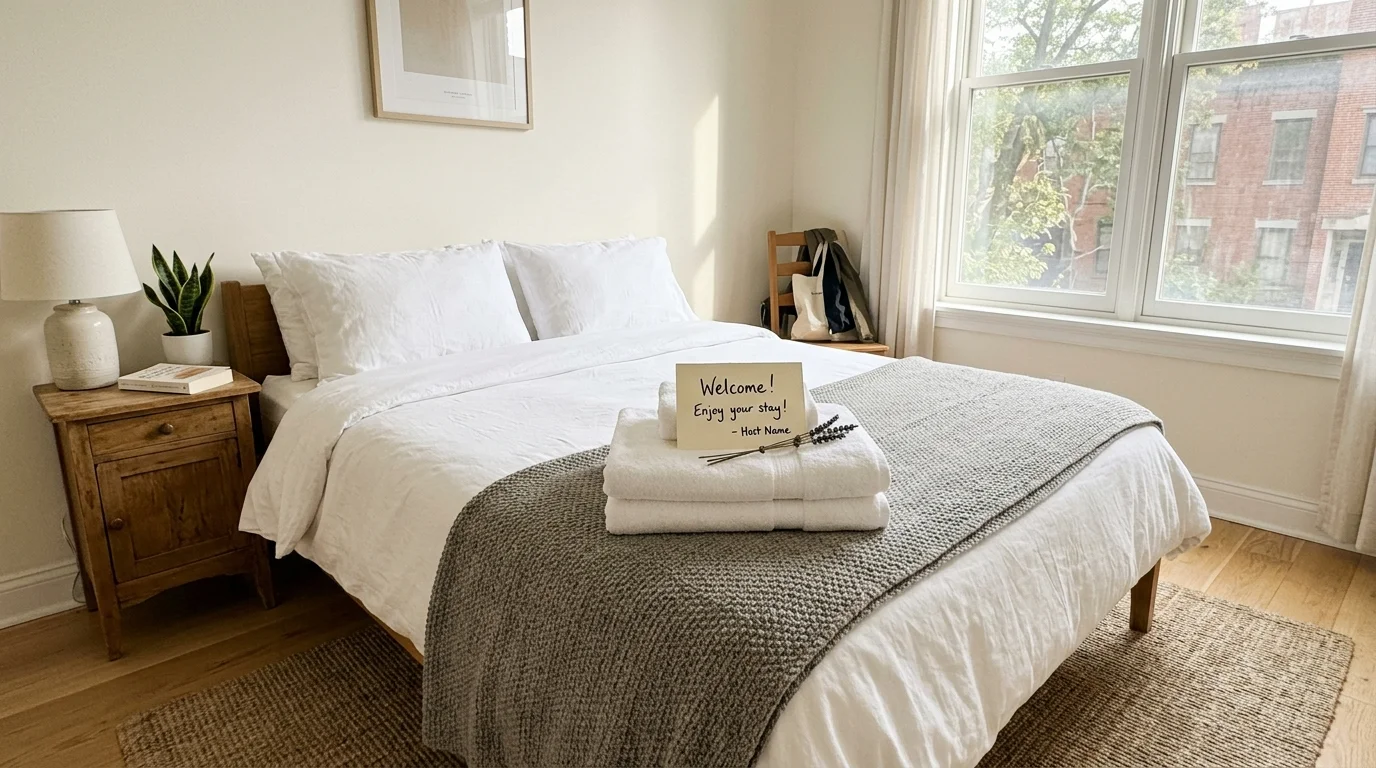 A welcoming guest bedroom featuring fresh towels and a hand-written welcome card, prepared for a mid-term tenant.
