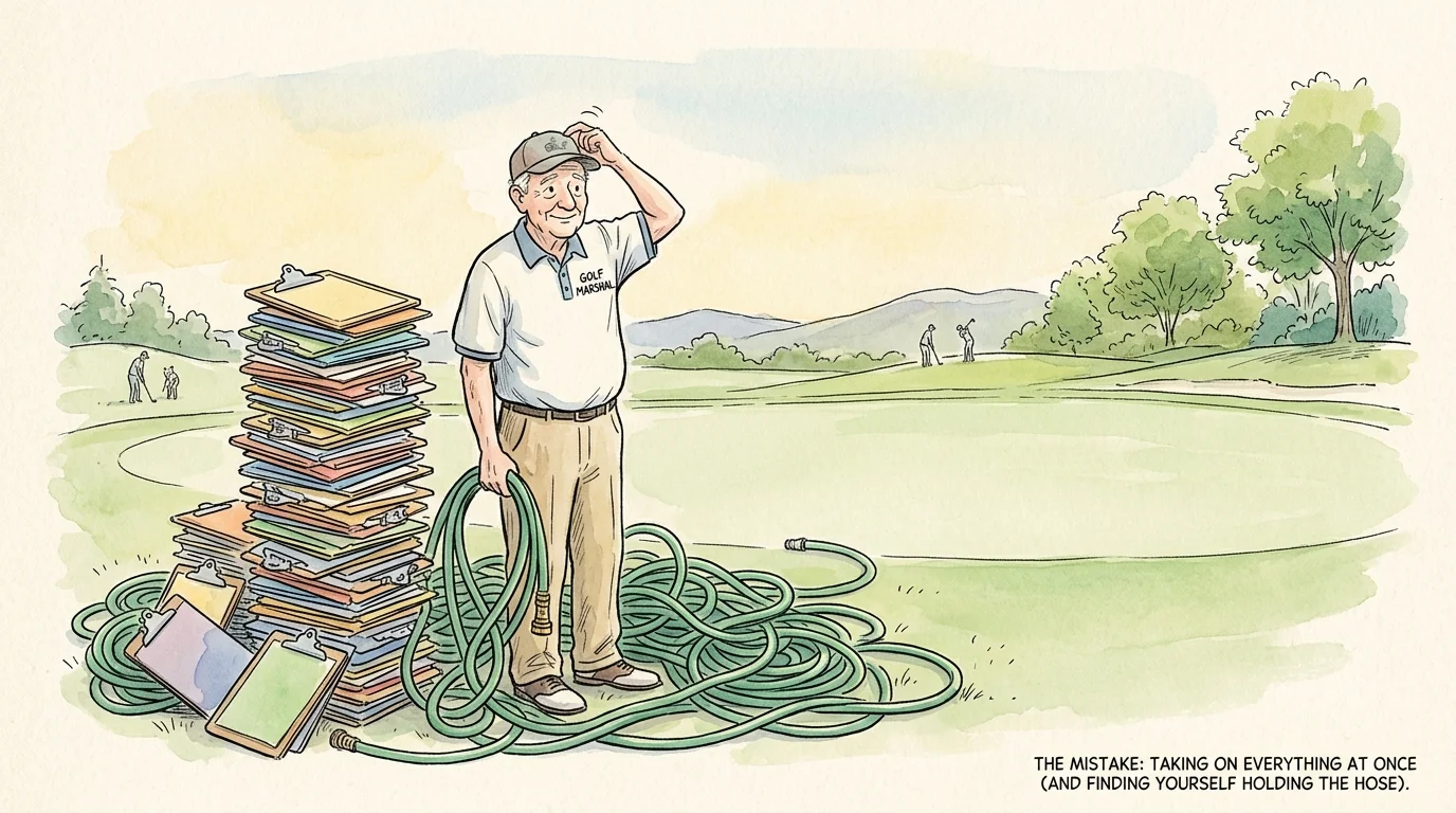 A whimsical illustration of an older golf course worker looking confused next to a giant stack of clipboards and tangled hoses.
