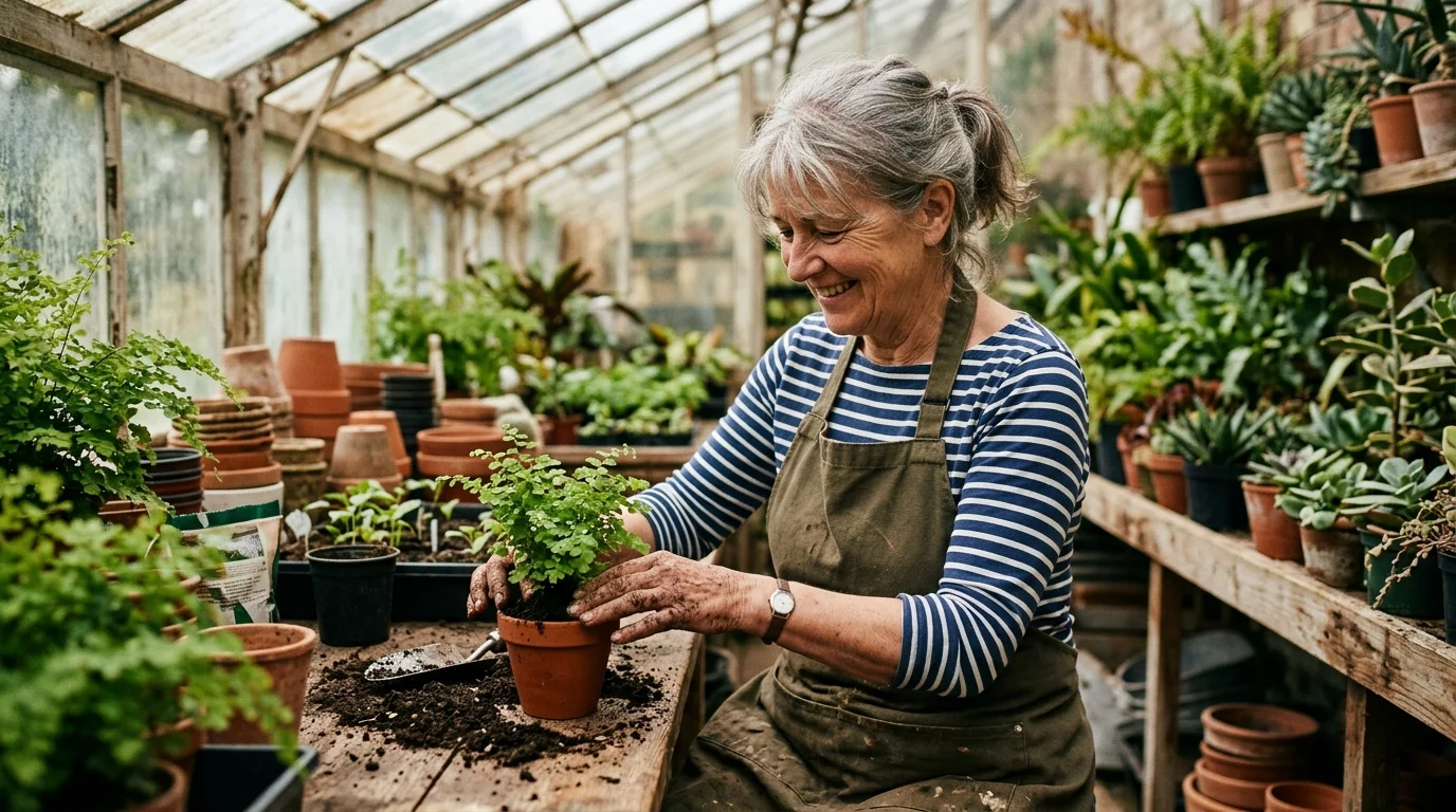 An active senior woman working part-time at a plant nursery, potting a small plant in a greenhouse.