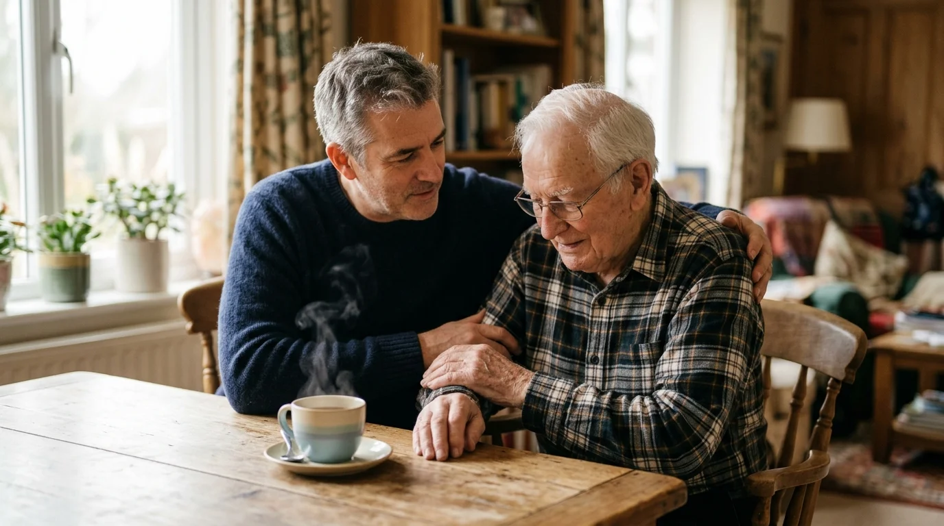 An adult son gently assisting his elderly father at a warm wooden dining table with a hot cup of tea.