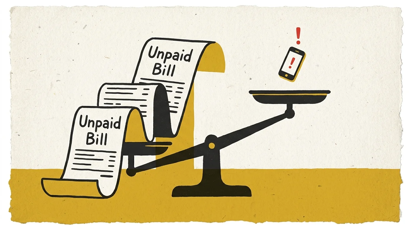 An editorial graphic illustration of a balance scale weighted down by an unpaid bill on one side and a warning smartphone on the other.