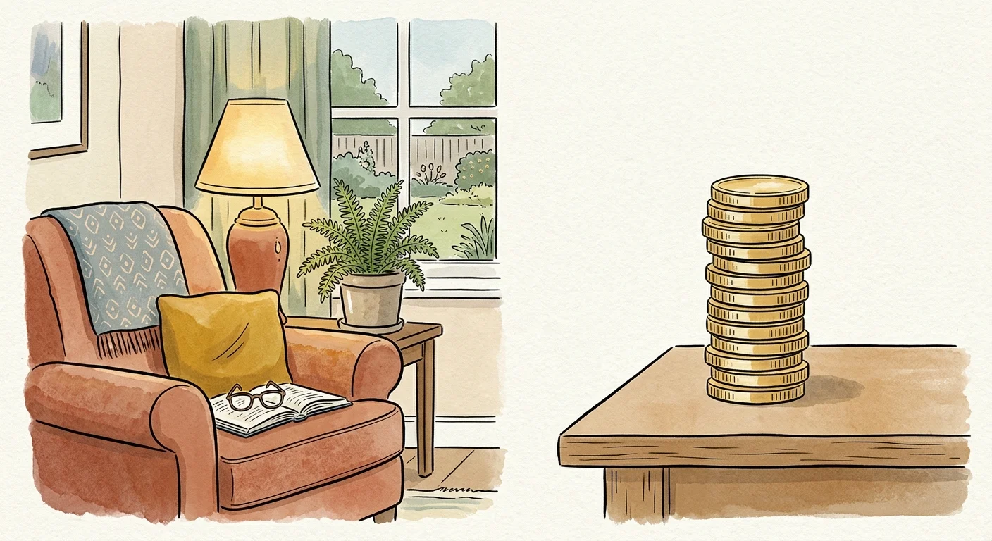 An editorial illustration balancing a cozy home armchair with a neat stack of coins, symbolizing retirement security.