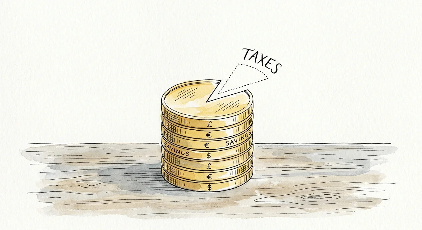 An editorial illustration of a dotted line cutting a slice labeled Taxes out of a golden coin.