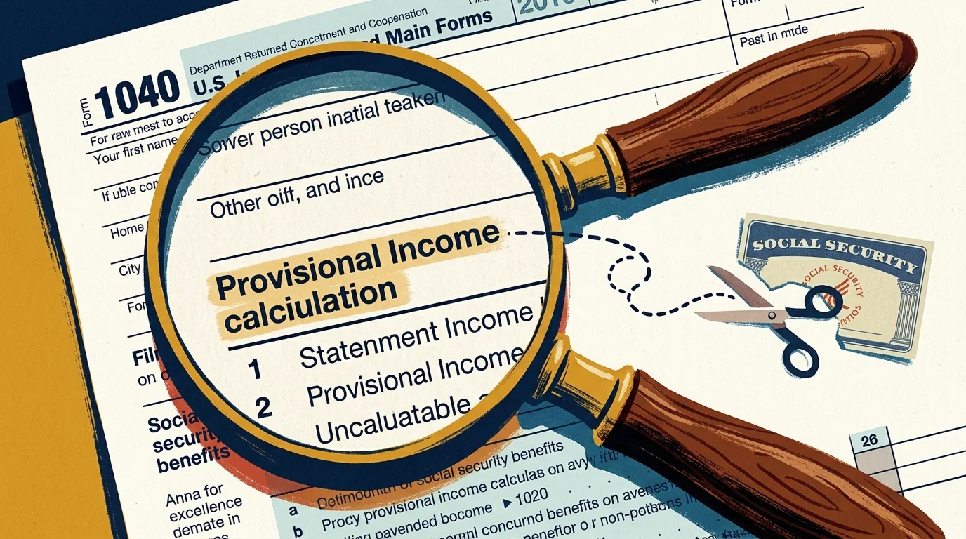 An editorial illustration of a magnifying glass focusing on provisional income and taxes on a tax form.