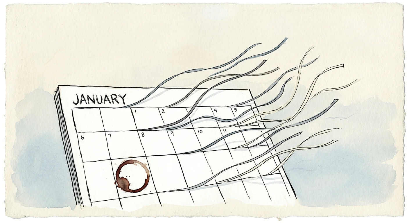 An editorial ink illustration of a calendar's grid lines unraveling like loose threads into an empty sky.