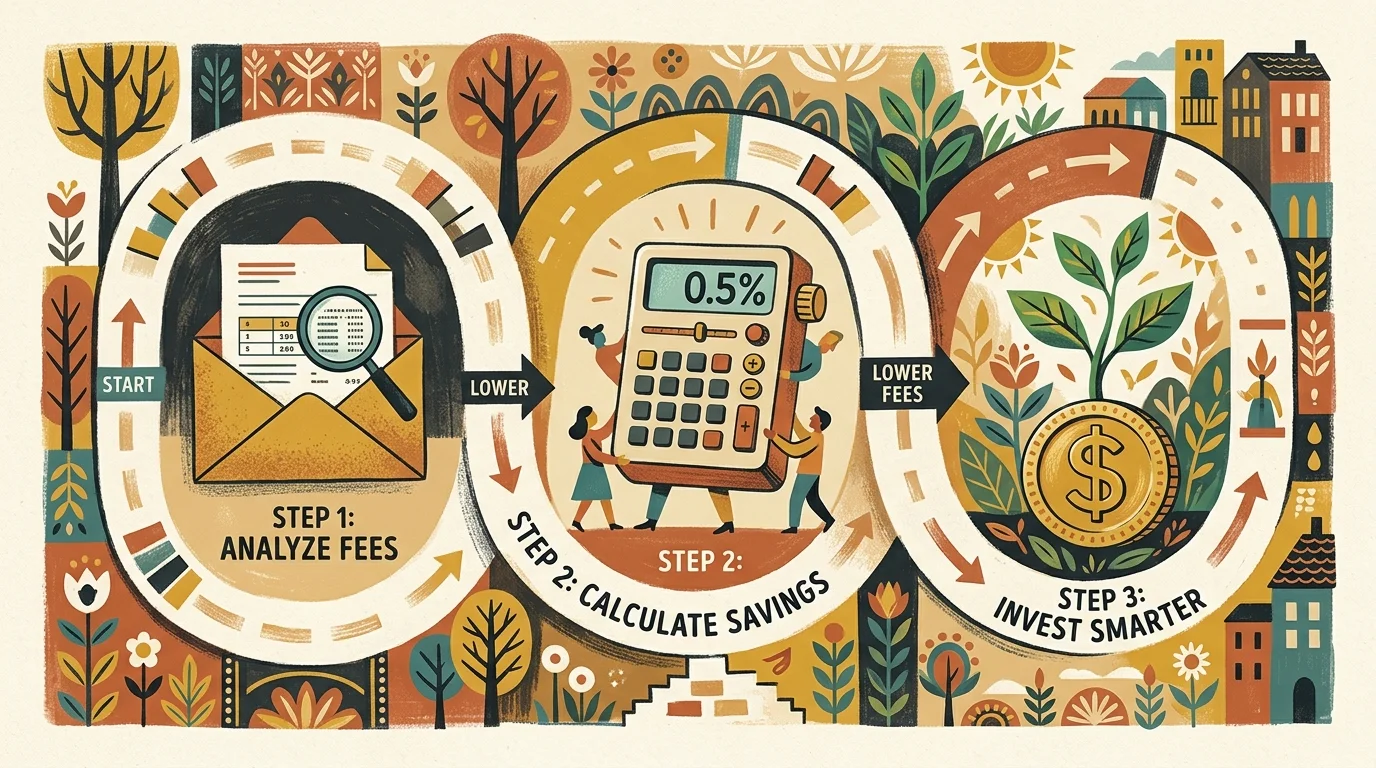 An illustrated roadmap showing the step-by-step process of identifying fees, calculating costs, and switching to index funds.