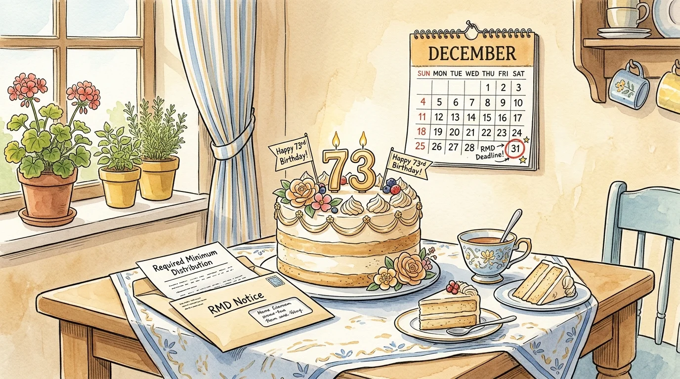 An illustration of a birthday cake with a 73 candle next to an open letter labeled RMD Notice.