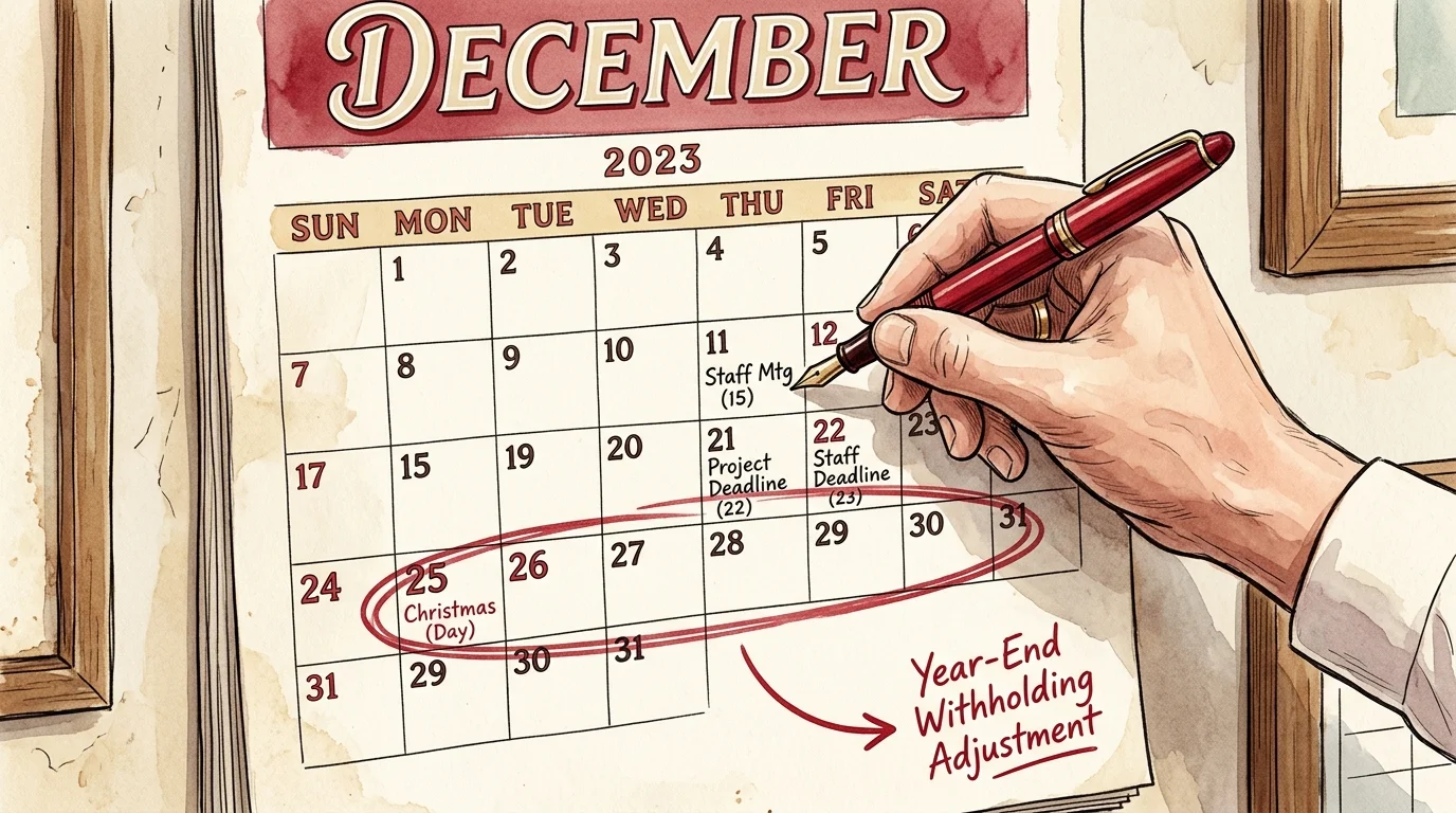 An illustration of a hand circling the final week of December on a calendar for year-end tax withholding adjustment.