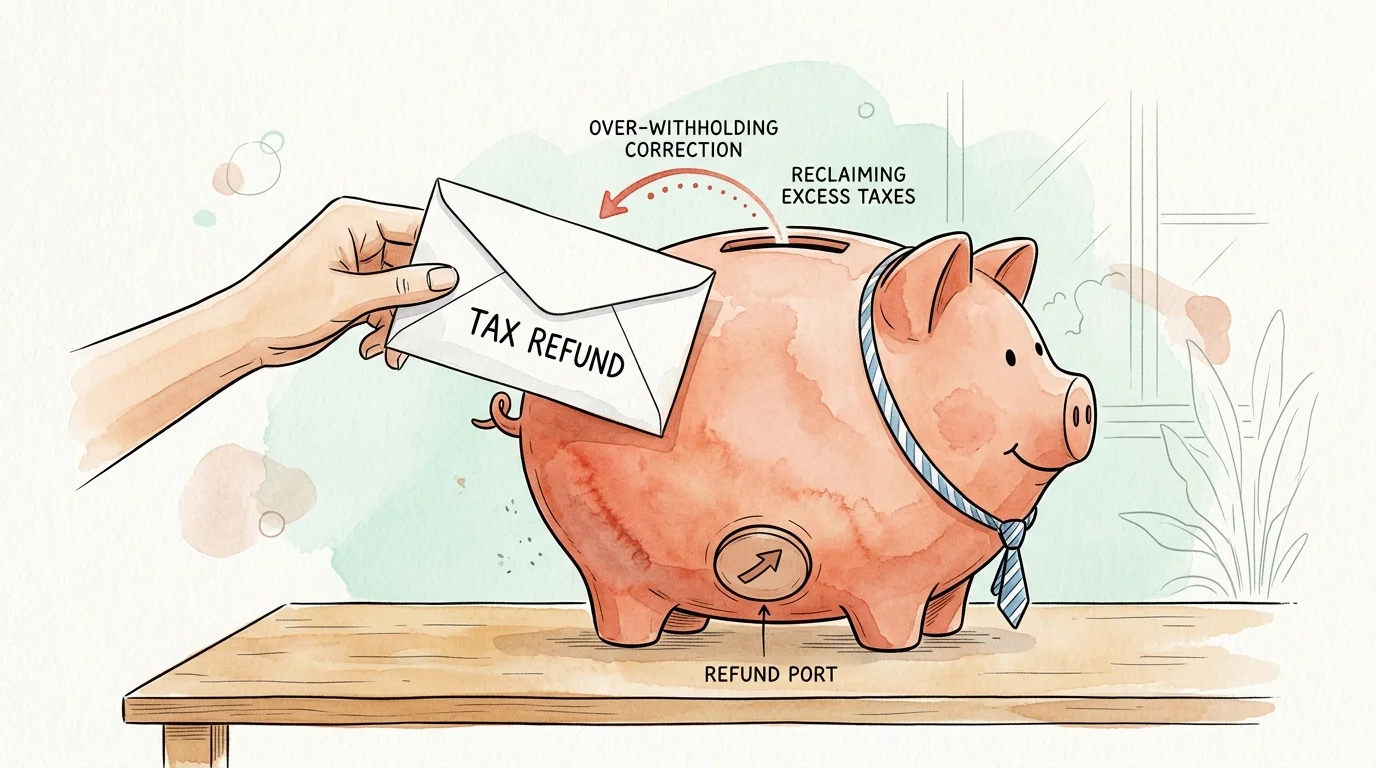 An illustration of a hand reclaiming a tax refund envelope from an IRS-themed piggy bank.