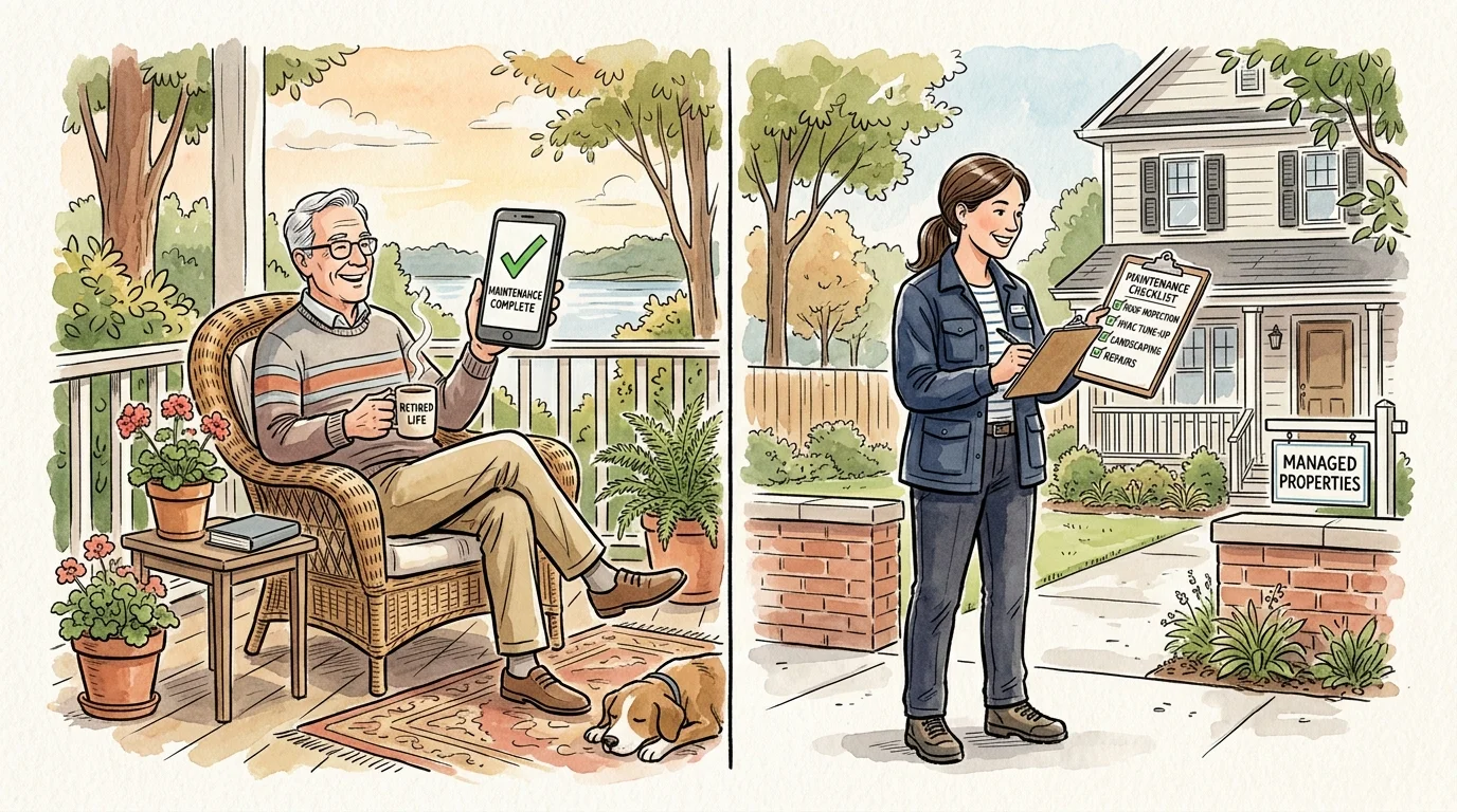 An illustration of a homeowner relaxing while a professional property manager takes care of the rental property.
