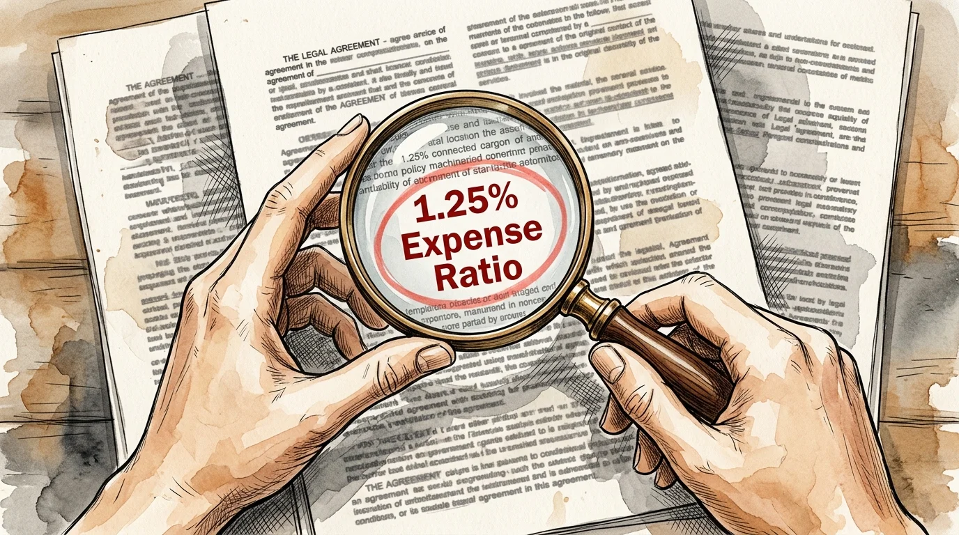 An illustration of a magnifying glass focusing on a document to reveal a hidden 1.25% expense ratio.