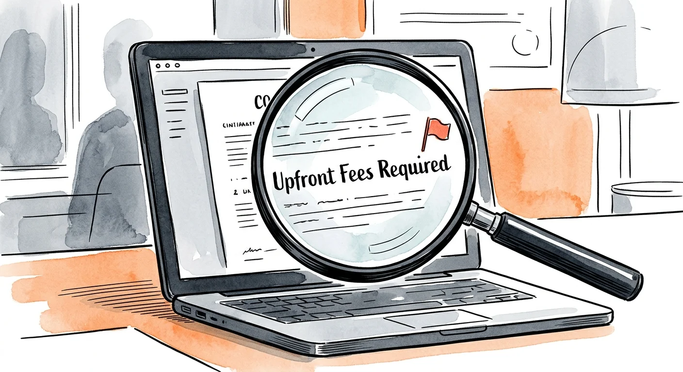 An illustration of a magnifying glass highlighting a red caution flag on a digital job contract.