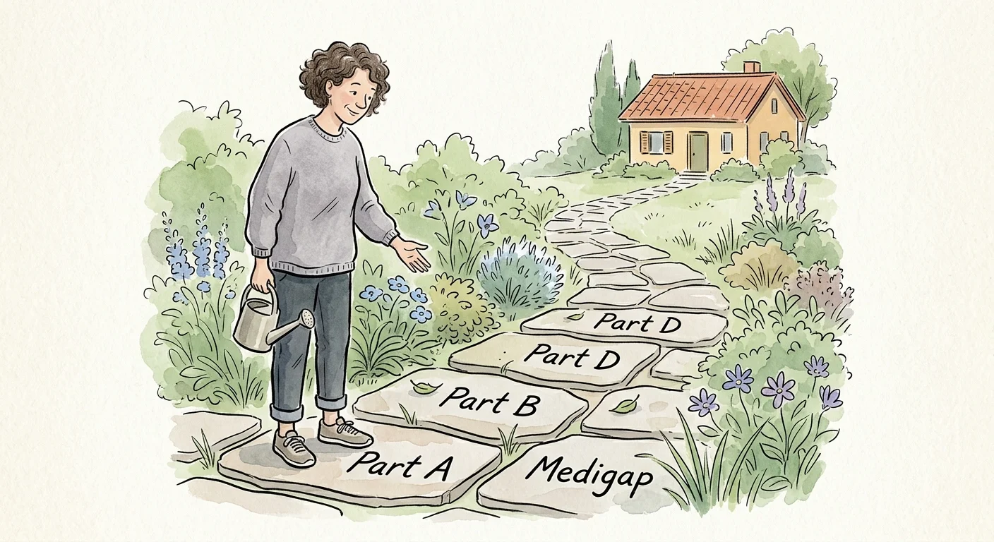 An illustration of a person navigating a stone path labeled with Medicare parts toward a cozy house.
