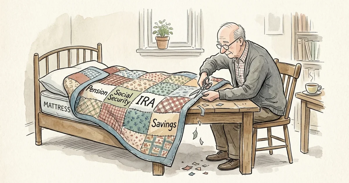 An illustration of a retired man trimming a patchwork quilt of income sources to fit a mattress perfectly.