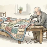 An illustration of a retired man trimming a patchwork quilt of income sources to fit a mattress perfectly.