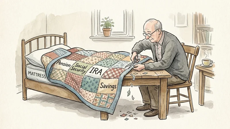 An illustration of a retired man trimming a patchwork quilt of income sources to fit a mattress perfectly.