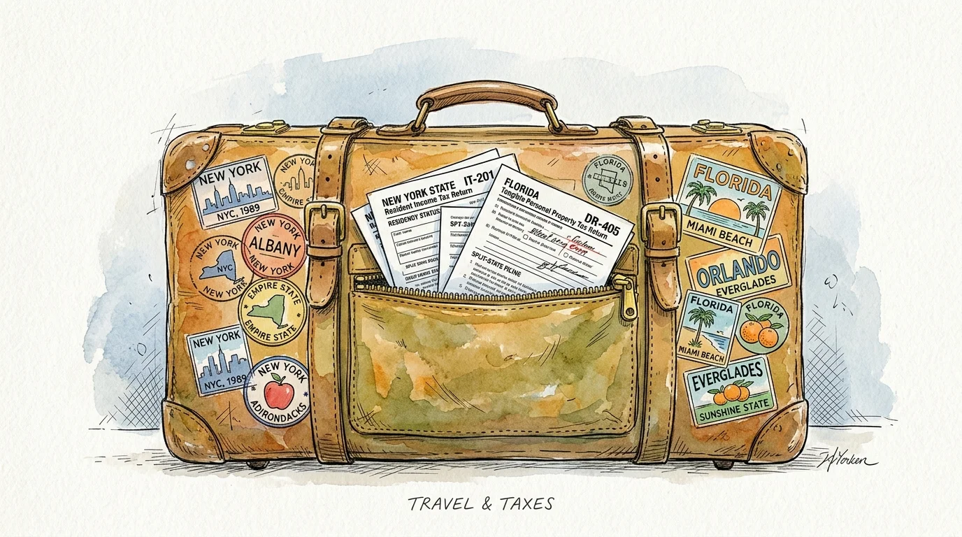 An illustration of a travel suitcase with dual-state stamps and tax forms peeking out of a pocket.