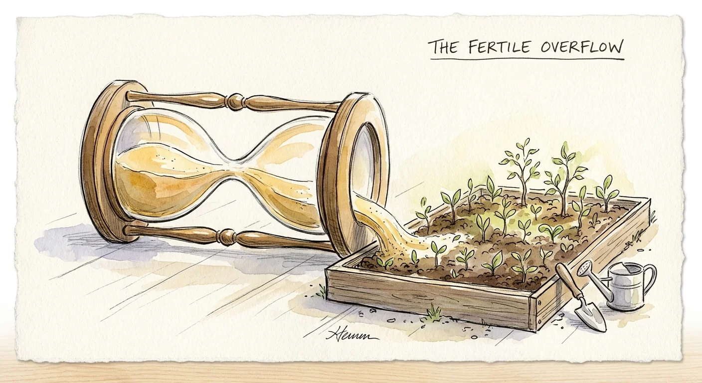 An illustration of an hourglass on its side, with sand flowing out to fertilize sprouting green plants.