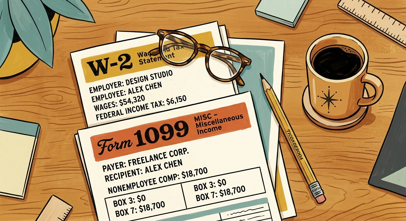 An illustration of Form 1099 and W-2 tax forms neatly arranged on a wooden desk with reading glasses.