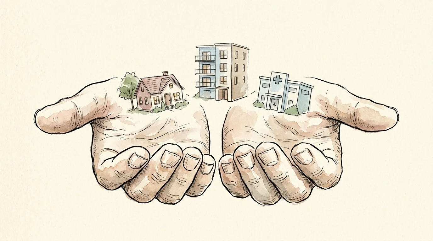 An illustration of miniature buildings floating safely above open hands, representing passive REIT investments.
