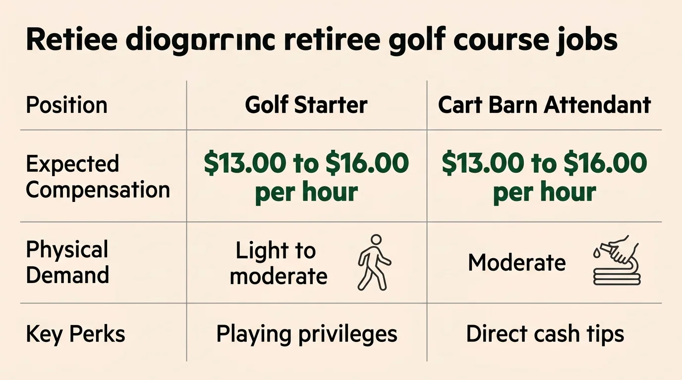 An infographic chart comparing pay, physical demand, and perks of golf starters versus cart barn attendants.