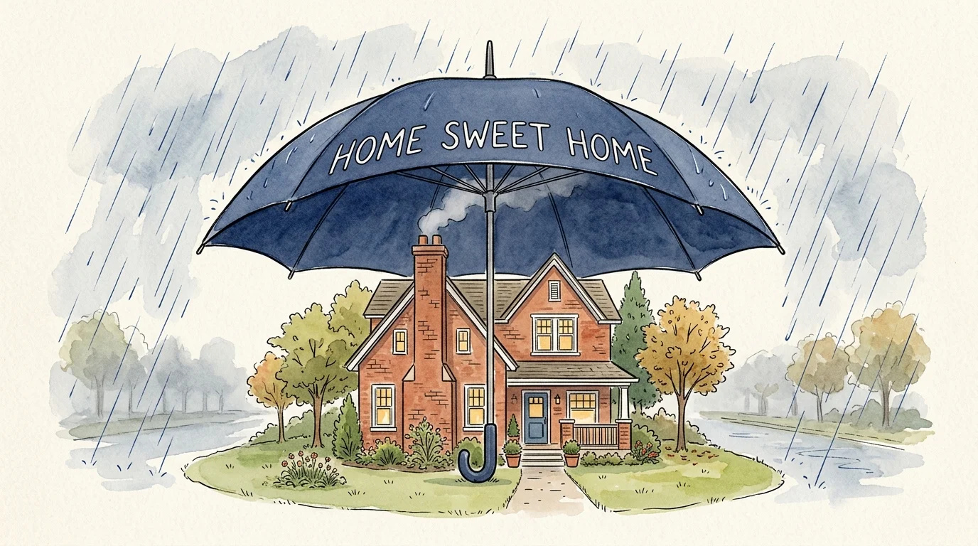 An ink and watercolor illustration of a house sheltered under a large, protective umbrella.