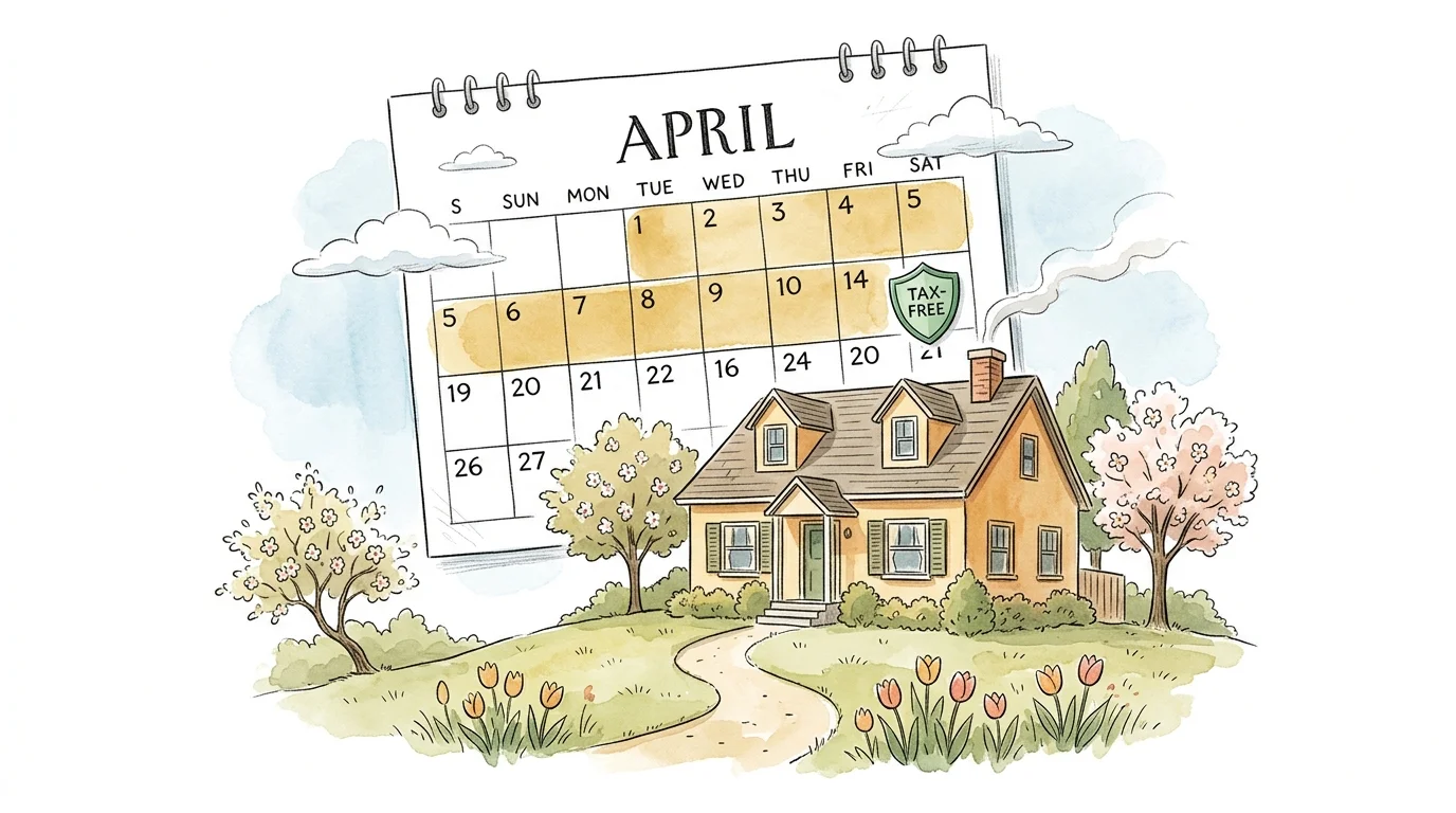 An ink and watercolor illustration of a house under a calendar page with 14 tax-free days highlighted.