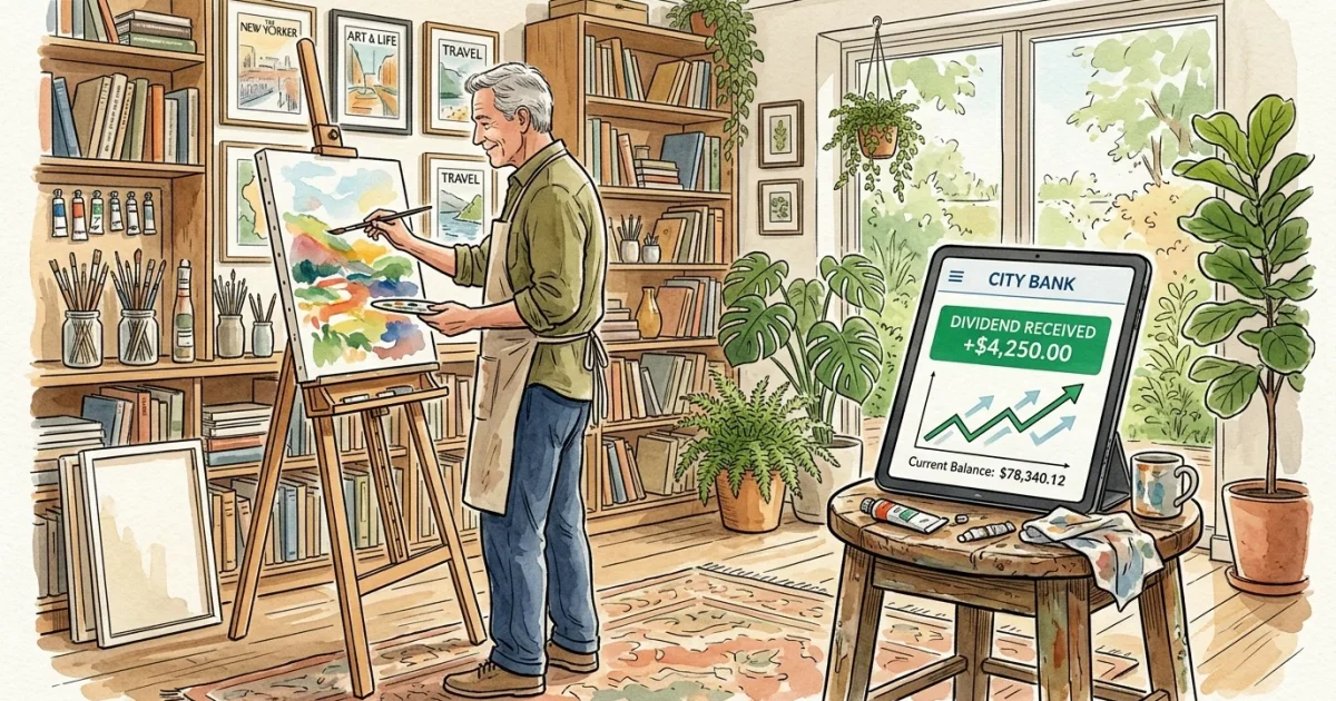 An ink and watercolor illustration of a retired man painting in his home studio, next to a tablet showing passive dividend income.