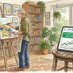 An ink and watercolor illustration of a retired man painting in his home studio, next to a tablet showing passive dividend income.