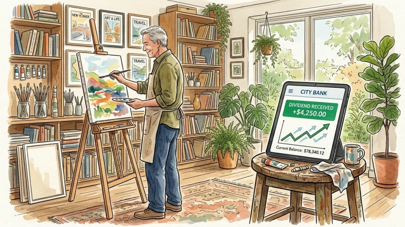 An ink and watercolor illustration of a retired man painting in his home studio, next to a tablet showing passive dividend income.