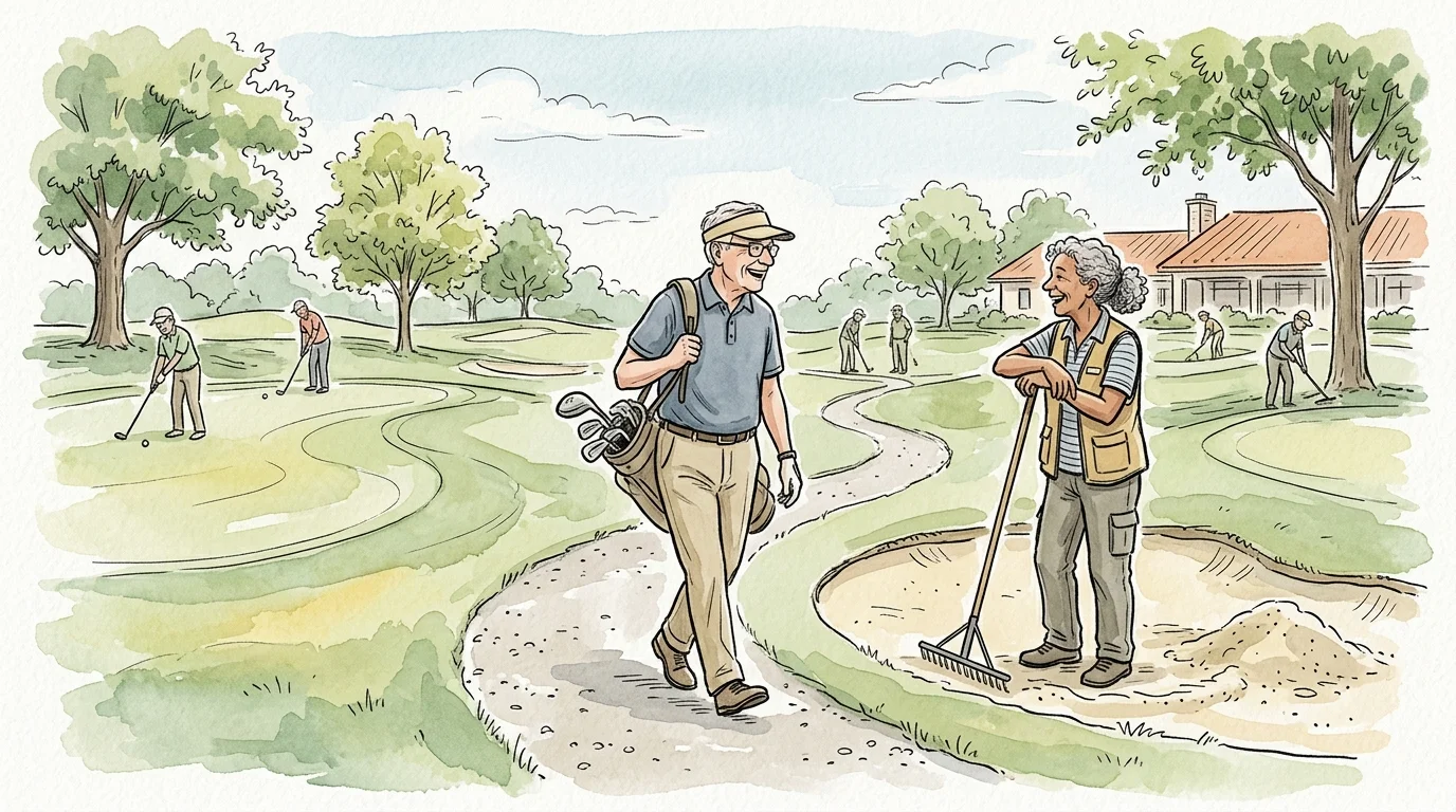 An ink and watercolor illustration of two retired men chatting warmly on a beautiful, rolling green golf course path.