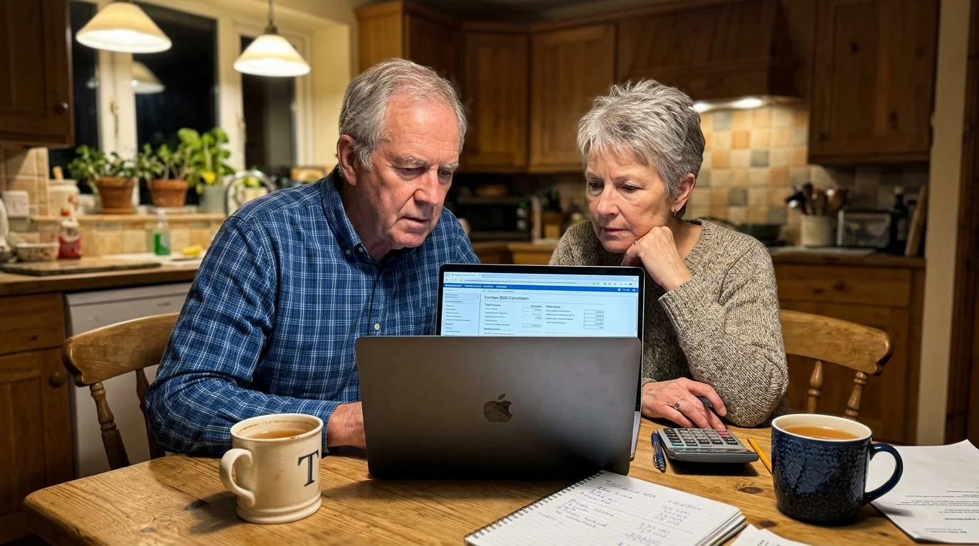 An older couple at their kitchen table looking seriously at tax calculations on a laptop.