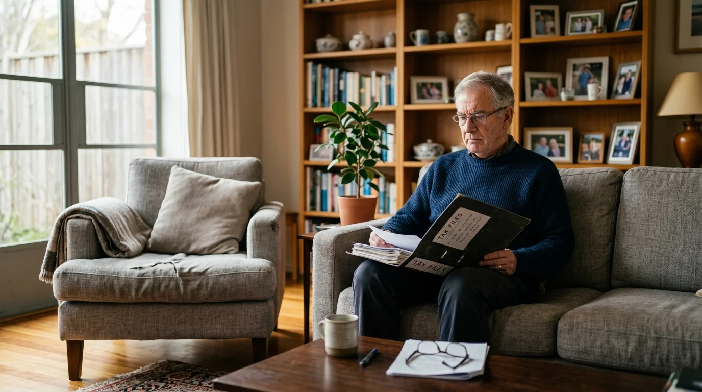 An older man sitting alone on a couch in a sunlit living room looking over household files.