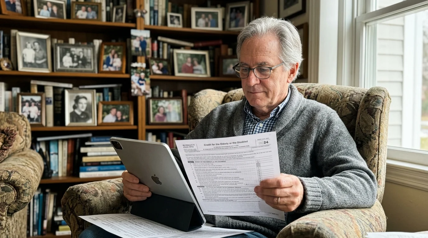 An older man sitting in a comfortable living room armchair, reviewing his IRS Schedule R form on a tablet.