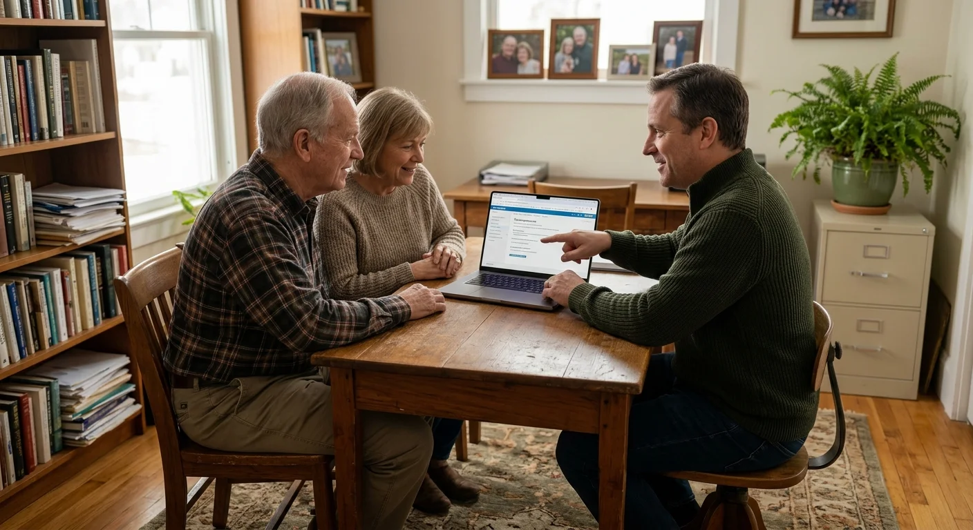 Candid photo of an older couple collaborating with a tax professional in a warm, inviting home office setting.