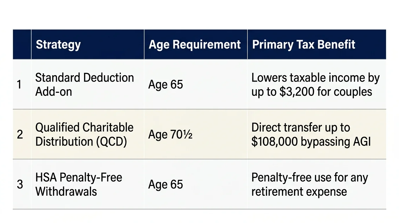 Clean, editorial comparison table summarizing age requirements and benefits for senior tax strategies.