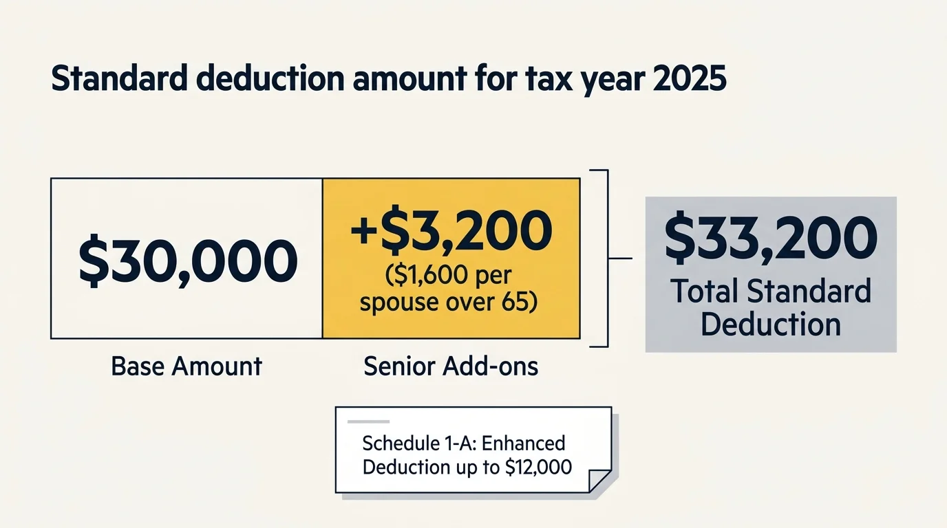 Data visualization diagram showing the calculation of the 2025 standard deduction for married seniors, totaling $33,200.