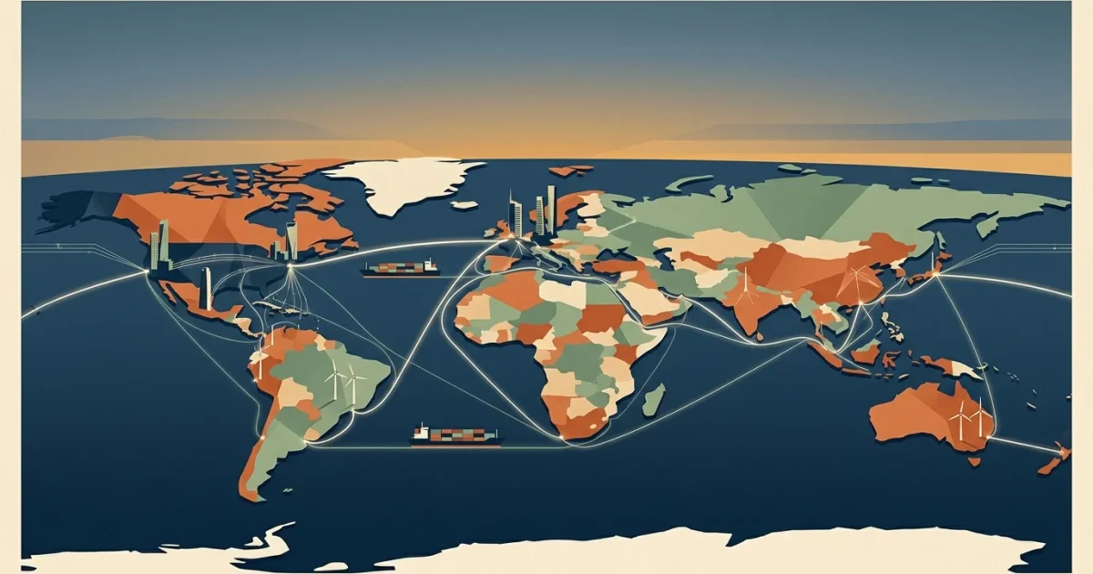 Stylized world map illustration showing continents connected by glowing trade routes, cargo ships, and mini cityscapes.