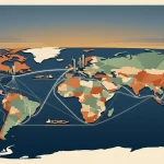 Stylized world map illustration showing continents connected by glowing trade routes, cargo ships, and mini cityscapes.