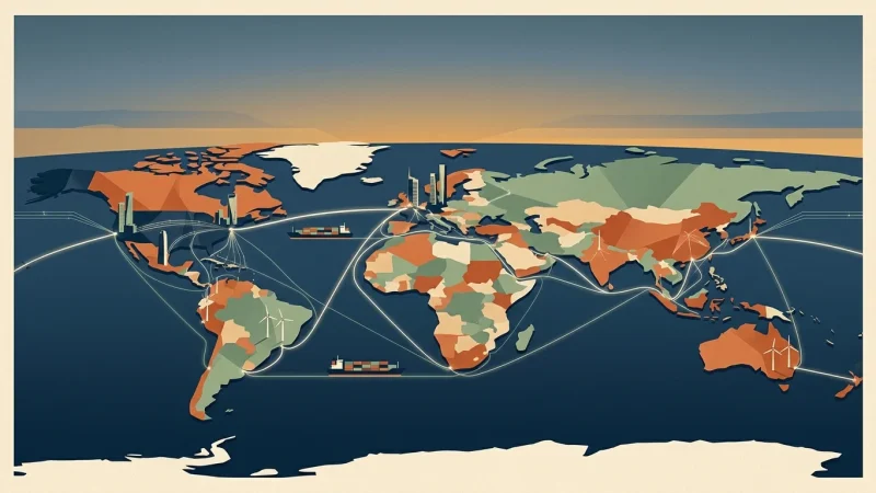 Stylized world map illustration showing continents connected by glowing trade routes, cargo ships, and mini cityscapes.