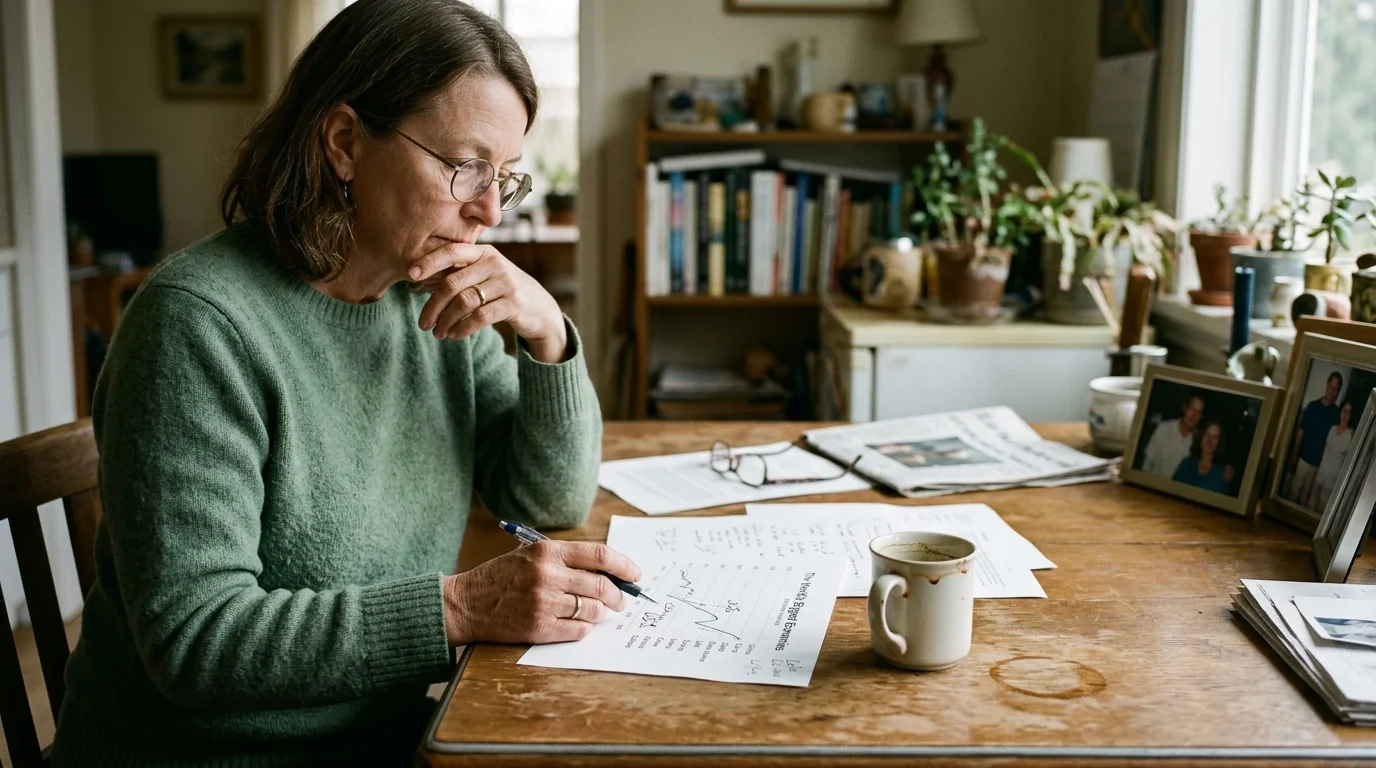 Woman in a green sweater and glasses sits at a wooden table studying printed economic charts with a pen in hand.