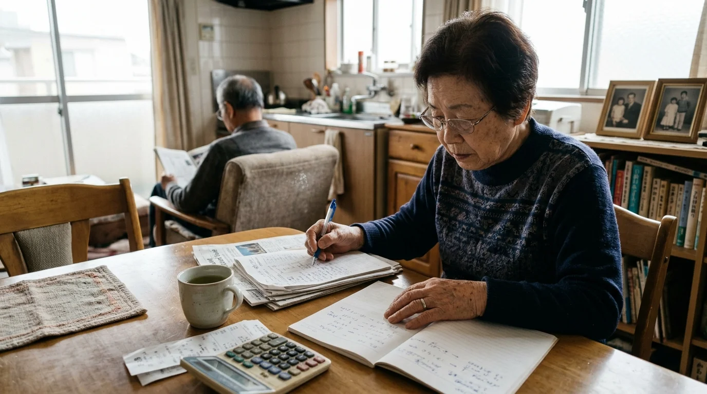 An older woman writing in a notebook next to a calculator at a wooden dining table while a man sits in the background.