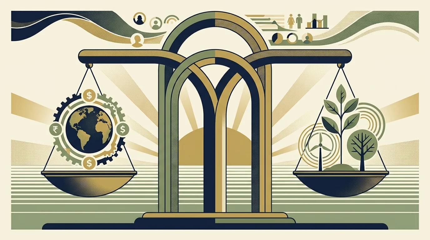 Editorial screenprint illustration of a geometric balance scale weighing economic growth, currencies, and long-term sustainability.