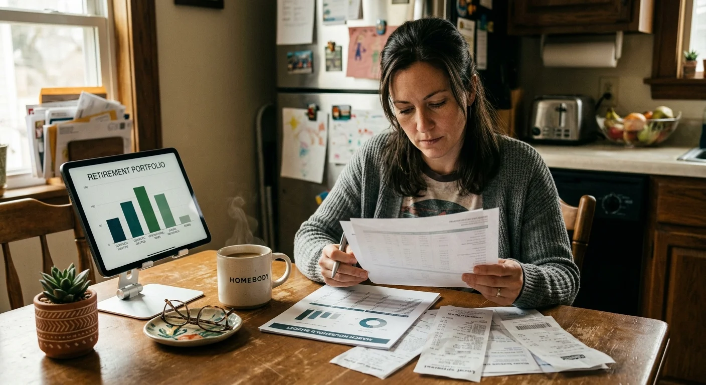 Everyday woman at a kitchen table reviewing budget paperwork and retirement portfolio on a tablet.