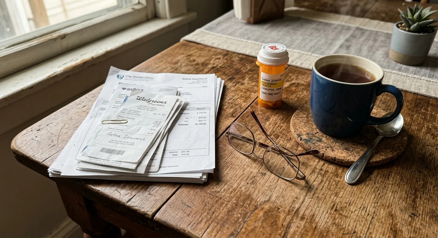 High-angle photo of medical receipts, reading glasses, and an amber prescription bottle on a wooden table in soft morning light.